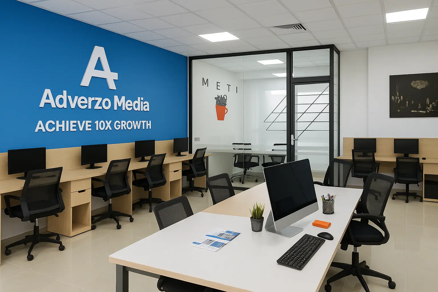 Advera Prints modern office with branded blue wall featuring 'ACHIEVE 10X GROWTH' message and professional workstations for digital marketing team